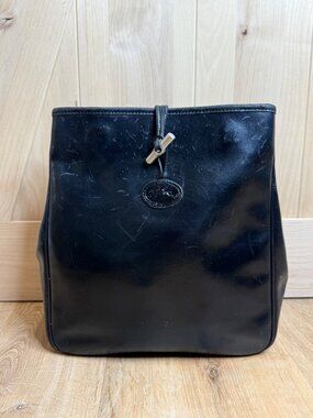 Vintage Longchamp Roseau Black Leather Tote Bag With Double Handles